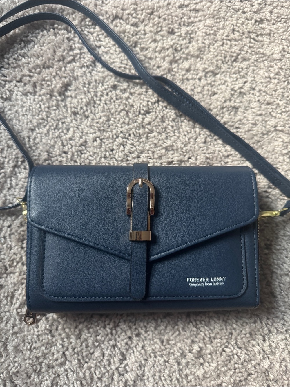 Forever Lonny Navy Blue double wallet Crossbody Bag with Gold Buckle